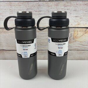 (2) EcoVessel The Boulder 20oz Bottles Insulated Stainless Steel & Strainer Gray